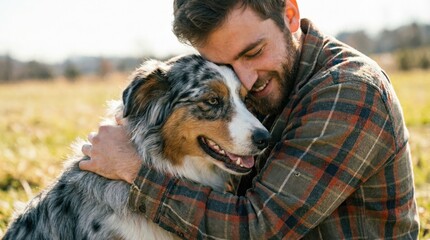 Close-up of young man embracing Australian Shepherd dog