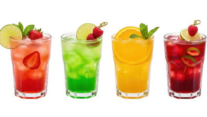 Four vibrant and refreshing fruit cocktails, garnished with various fruits and mint