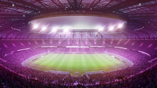 Animated ad. Wide 3D football stadium interior with vibrant lighting and massive crowd. Concept of sports presentations, sponsor visuals, broadcast backgrounds, large scale event promotion.