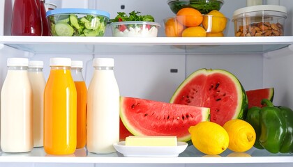 Juices, watermelons, lemons, a green bell pepper, and butter are all found on a refrigerator shelf and represent balanced daily nourishment and healthful eating.