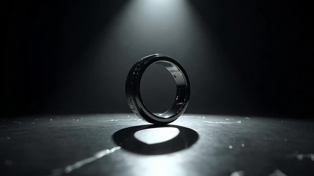 Sleek modern smart ring with technology design elements, perfect for health tracking videos and wearable tech promotions, dark and moody aesthetic