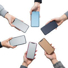 A group of diverse hands holding different colored smartphones arranged in a circle against a black background