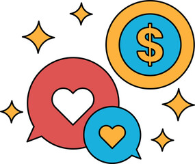 A black and white drawing of a dollar sign, a heart, and a dollar coin