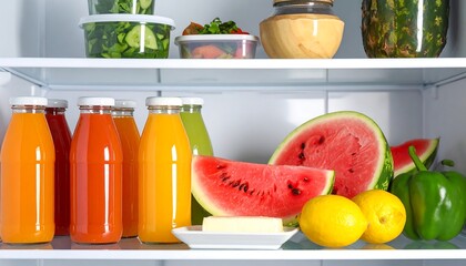 Juices, watermelons, lemons, a green bell pepper, and butter are all found on a refrigerator shelf and represent balanced daily nourishment and healthful eating.