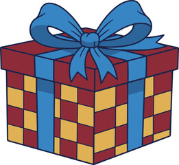 Vector illustration of a cartoon gift box featuring a red and yellow checkered pattern, tied with a large blue ribbon and bow.