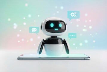 Friendly 3d robot chatbot standing on smartphone with floating speech bubbles, artificial intelligence communication and digital technology concept on pastel background