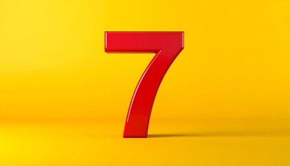 Bold Red Number 7 on Yellow Background &ndash; Three-Dimensional Upright Numeral with Shadow Effect and High-Contrast Design for Visual Impact and Educational Use