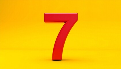 Bold Red Number 7 on Yellow Background &ndash; Three-Dimensional Upright Numeral with Shadow Effect and High-Contrast Design for Visual Impact and Educational Use