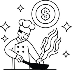 A chef is cooking food in a pan with a dollar sign in the background