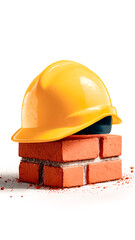 Safety Hardhat on Stack of Red Bricks with White Background. Building Tools, Work Safety, Construction Site.