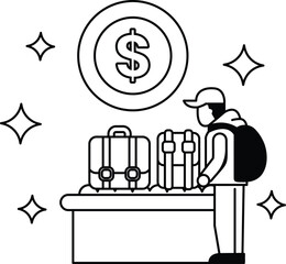 A man is standing in front of a table with a suitcase and a $ sign