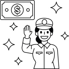 A woman in a uniform is waving to the camera with a dollar bill in her hand