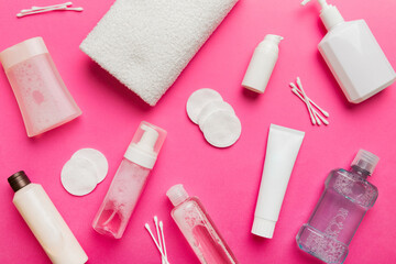 Mockup for bathing products top view flat lay, spa razor, toothpaste, soap, gel and other various accessories. Cosmetics for skin health. Bath Mockup for your logo