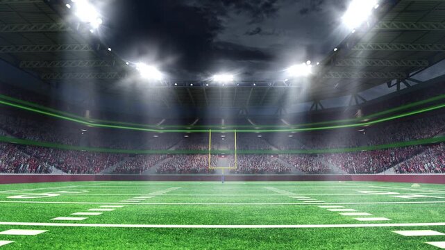 Video banner. 3D American football stadium field view under bright floodlights. Concept of sports advertising, broadcast backdrops, game analysis visuals, professional league marketing.