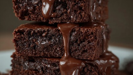 Dark chocolate brownies stacked with flowing melted chocolate, detailed food photography, homemade dessert presentation for confectionery, baking, and chocolate branding