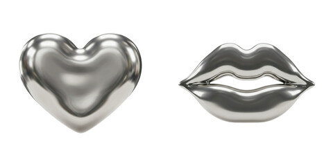 Set of 3d silver style lips and love icon y2k chrome shapes trendy futuristic illustration on Transparent Background PNG Generative AI