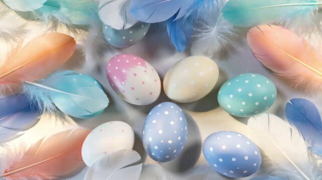 "Pastel Colored Easter Eggs and Soft Feathers Flat Lay Composition on White Background"