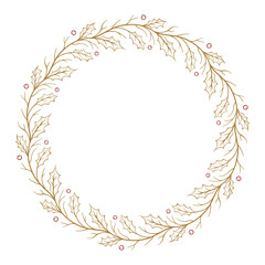 Golden holiday wreath with holly. Christmas botanical frame