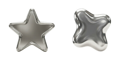 Set of 3d silver style star icon y2k chrome shapes trendy futuristic illustration on Transparent Background PNG Generative AI