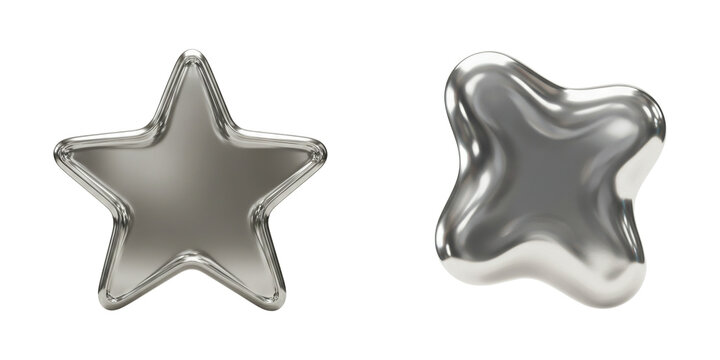 Set of 3d silver style star icon y2k chrome shapes trendy futuristic illustration on Transparent Background PNG Generative AI
