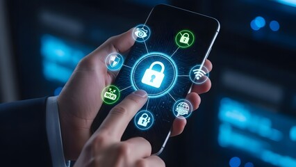 Mobile security concept with digital network icons for data protection and privacy on a smartphone screen