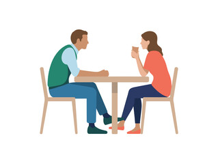 Casual Conversation Between Man and Woman Sitting at Cafe Table Flat Vector Illustration