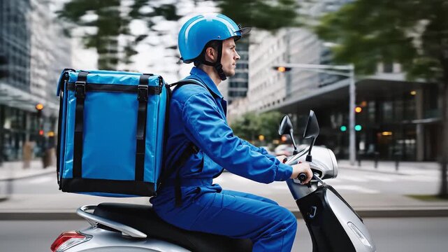 Food delivery courier in blue uniform and with backpack driving scooter in city street. side view