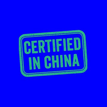 Certified in China red and green grunge stamps isolated on green and blue chroma key background