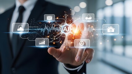 Businessman interacting with artificial intelligence network and smart technology icons