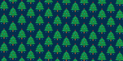 Cute Christmas tree seamless pattern with decorated evergreen icons, colorful ornament and stars on a dark background. Playful winter vector ideal for wrapping paper, textiles, wallpapers and festive.