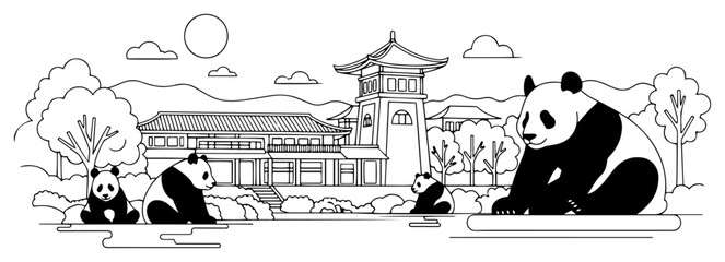 Giant panda family resting near traditional Chinese temples in black and white outline © Aisha Kudorova