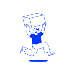 Vector illustration in simple hand drawn style, in friendly mascot, delivery concept, courier carrying big box