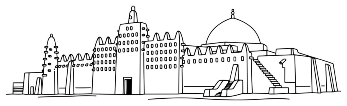 Great Mosque of Djenne in Mali. Continuous line drawing of African mud-brick architecture. Vector illustration.