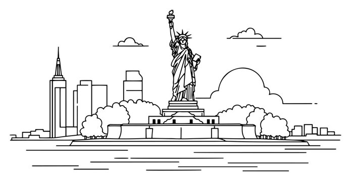 Statue of Liberty monument with city skyline and water in vector outline