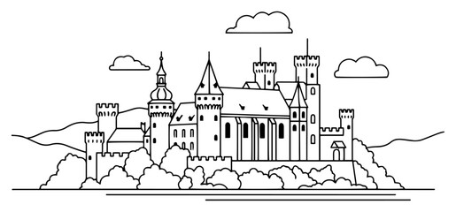 Fairytale castle with many towers and turrets vector illustration © Aisha Kudorova