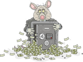 Greedy fat rat with its open safe overflowing with money, vector cartoon illustration on a white background