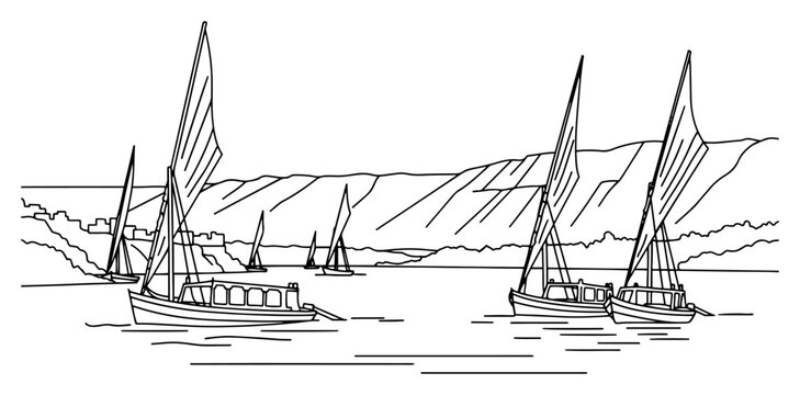 Traditional felucca sailboats sailing on the river nile in egypt landscape outline