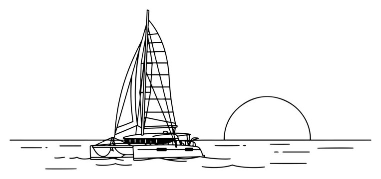Catamaran sailboat floating on the ocean during sunset in minimalist line art style