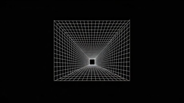 Infinite digital tunnel with glowing white lines on a stark black background creating a sense of depth
