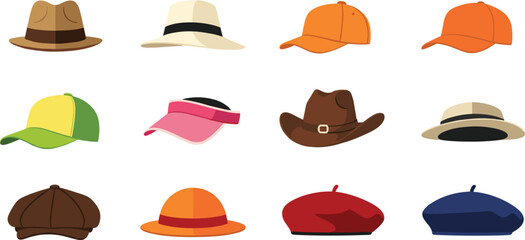 Hat and cap collection with fedora cowboy beret visor and baseball headwear isolated flat vector illustration