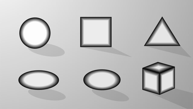 Basic geometric shapes: circle, square, triangle, ellipse, and cube