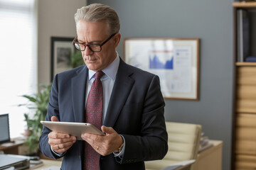 Mature businessman in glasses using tablet in modern office space