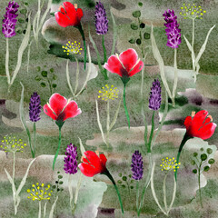 Hand drawn, watercolor wildflowers, watercolor background. Seamless floral pattern-1004.