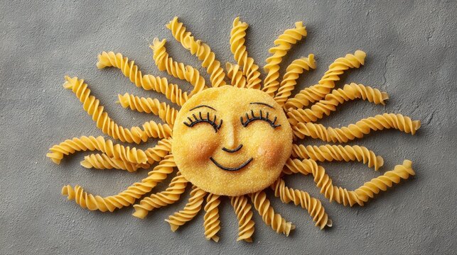 Cheerful sun made from pasta creative food concept on textured background
