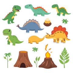 Naklejka premium Cartoon dinosaurs and prehistoric landscape elements