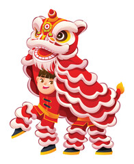 Naklejka premium Chinese lion dance with a boy dancer lifting the red costume and revealing his face isolated by a white background. Vector cartoon illustration