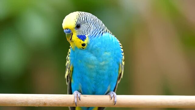 Close-up of a bright blue and yellow budgerigar parrot perched on a wooden dowel, its head tilted