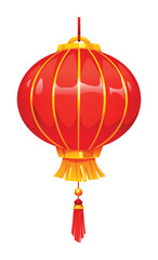 Obraz premium Hanging traditional Chinese red globular lantern with golden metal frame and red tassel isolated by a white background. Vector cartoon illustration