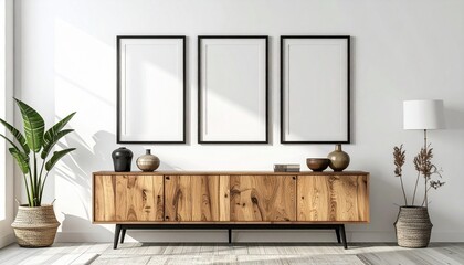 Minimalist interior with wooden sideboard, black-framed blank canvases, vases, plants, and sunlight on white wall