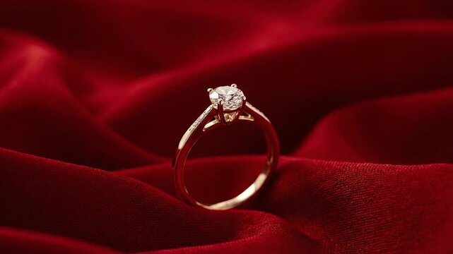 An exquisite diamond engagement ring with a sparkling solitaire gem, elegantly presented on rich red velvet, a perfect symbol of romance, commitment, and everlasting love